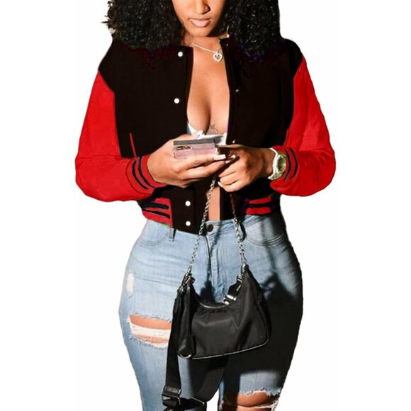 Jackets & Blazers - Women's Varsity Long Sleeve Button Down Bomber Jacket Streetwear Black Red